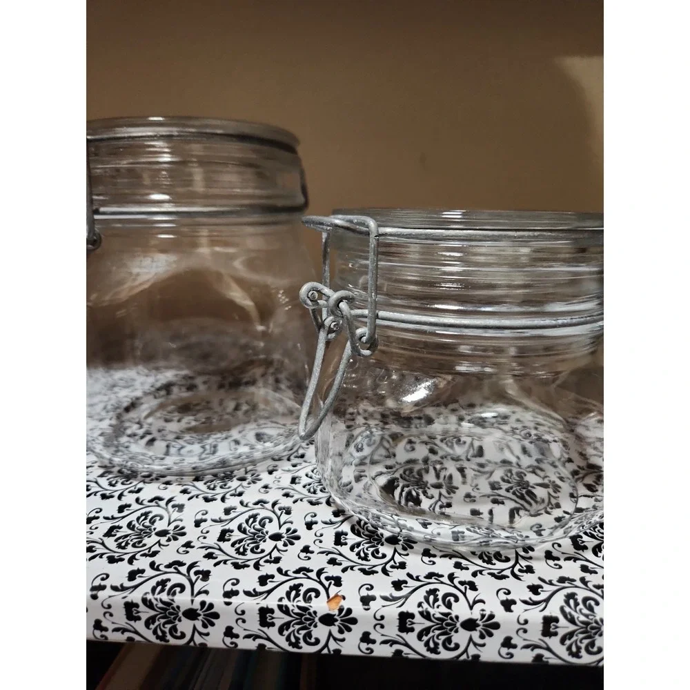 Set of 2 Clear Glass Hermetic Storage Jars with Wire Bail Flip Top‎ Lids